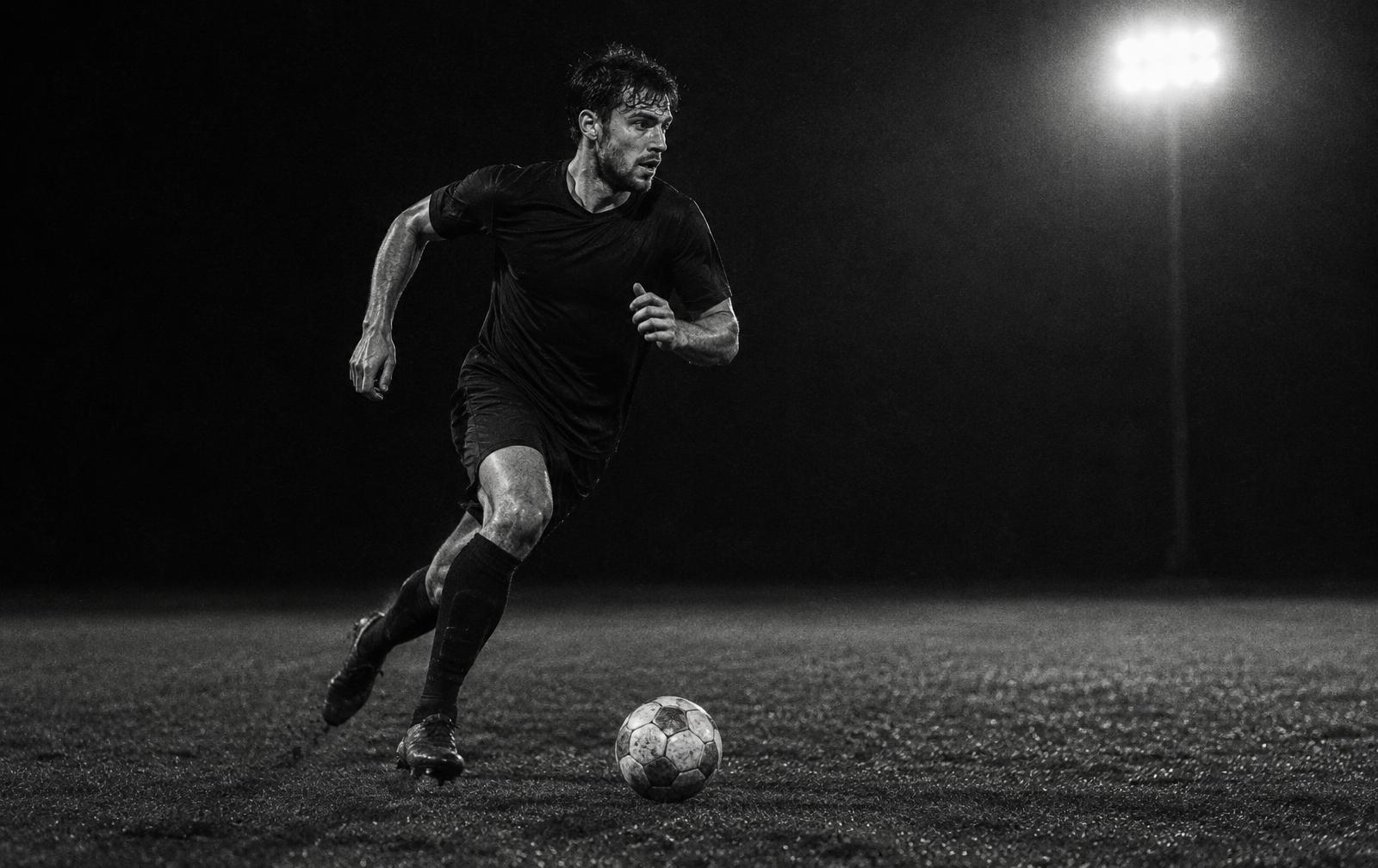 Footballer sprinting with the ball under floodlights